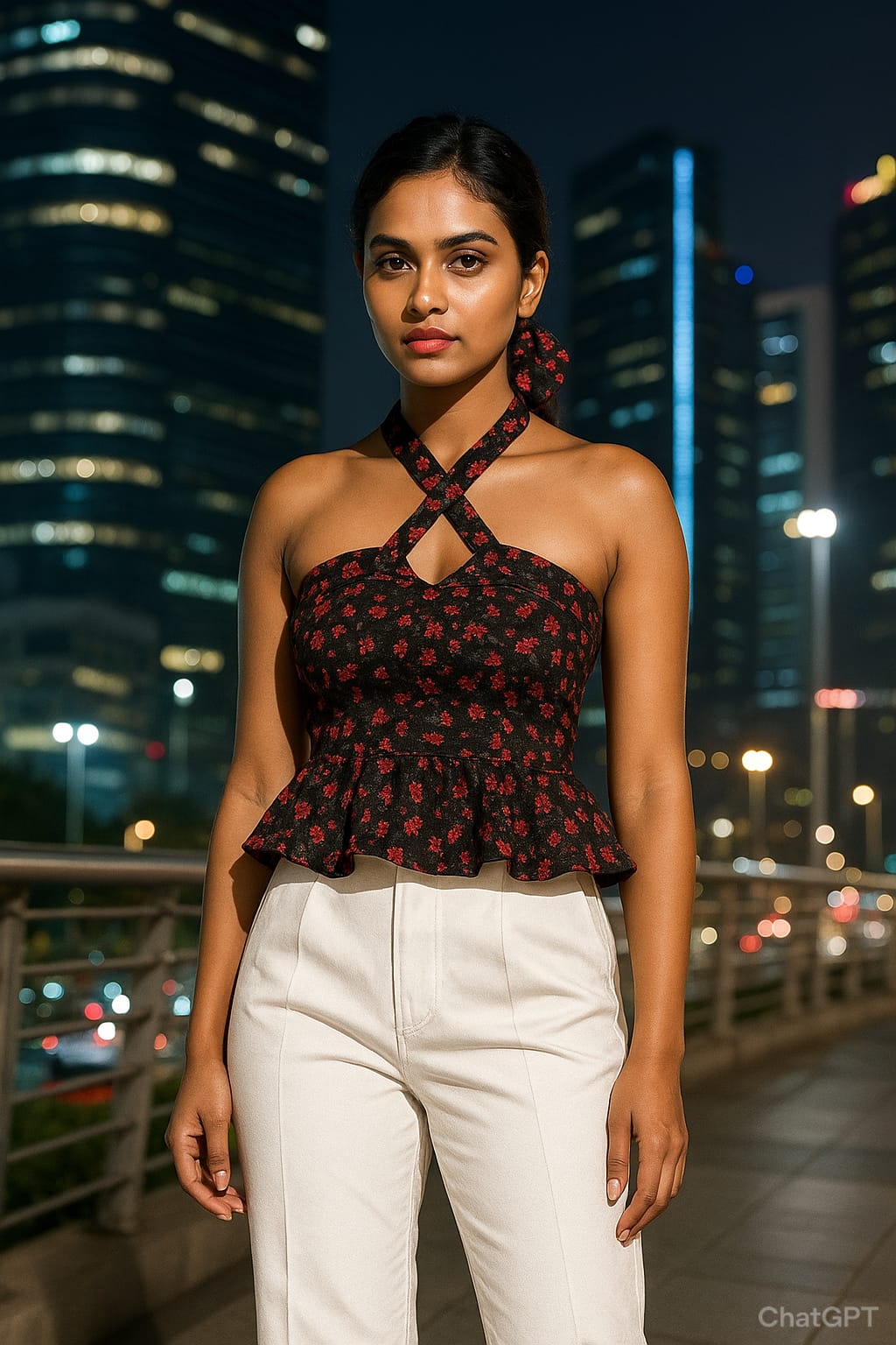 Women’s Black Floral Halter Neck Peplum Top