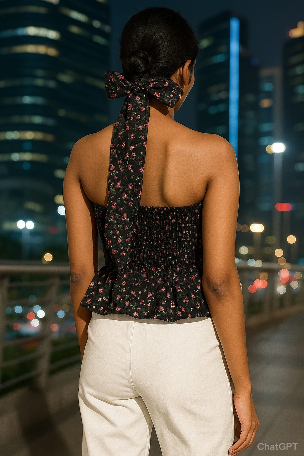Women’s Black Floral Halter Neck Peplum Top - Image 2