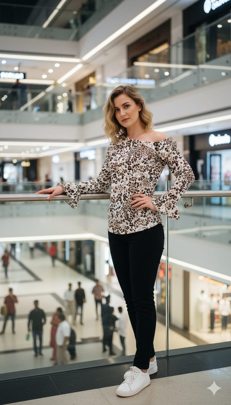 Women’s Printed Georgette Off-Shoulder Top with Flared Sleeves